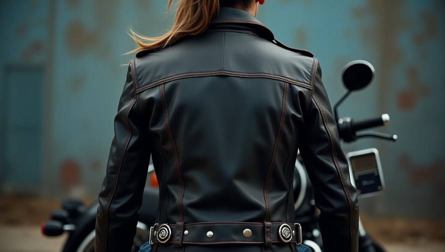 What is a Biker Jacket, Womam waering black leather jacket in a bike.