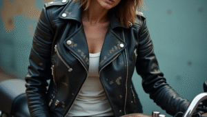 Woman wearing Biker Jacket on bike
