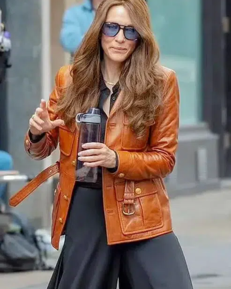 Cate Blanchett Black Bag 2025 Kathryn Brown Leather Jacket