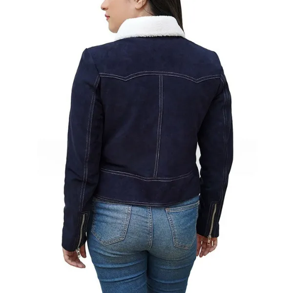 Selena Gomez Blue Leather Shearling Jacket get now