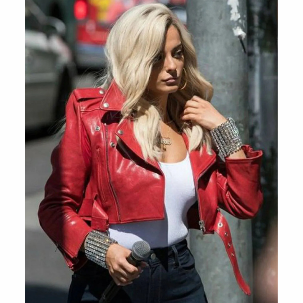 Bebe Rexha Red Cropped Leather Jacket
