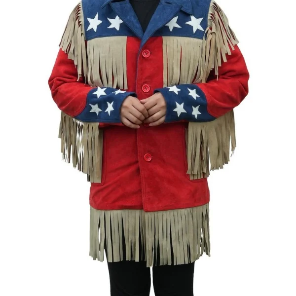 Beyonce American Flag Fringe Red and Blue Suede Leather Jacket buy now