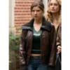 Catherine Missal in brown Bomber Jacket