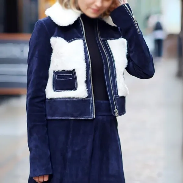 Selena Gomez Blue Suede Leather Shearling Jacket best offer
