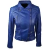 Blue Leather Biker Jacket Women on sale