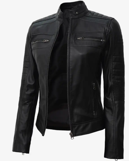 Black Biker Genuine Moto Leather Jacket For Womens