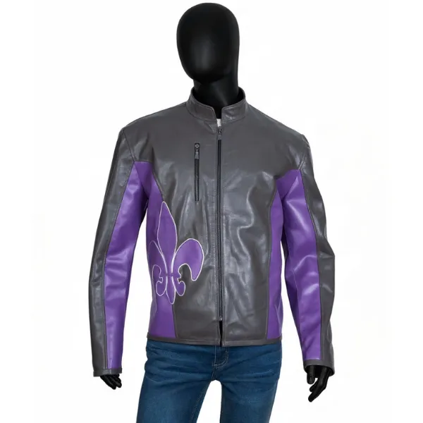 Johnny Gat Saints Row Grey and Purple Leather Jacket On Sale