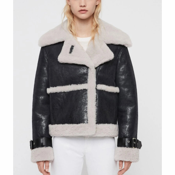 Arlo Asymmetric Black Shearling Leather Jacket For Womens