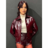 Jenna Ortega Death of a Unicorn 2025 Movie Event Maroon Leather Jacket