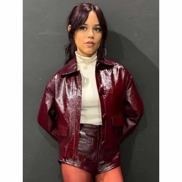 Jenna Ortega Death of a Unicorn 2025 Movie Event Maroon Leather Jacket