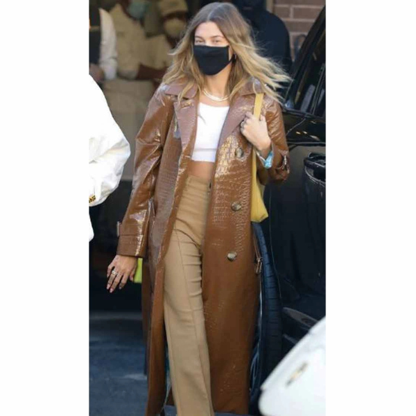 Hailey Bieber Leather Trench Coat