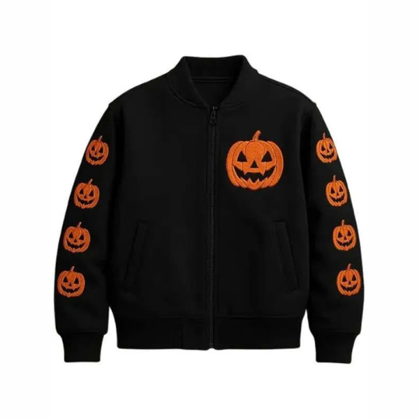 Pumpkin Black Wool Bomber Jacket For Halloween
