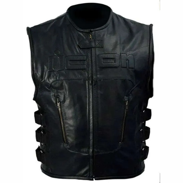 Skull Icon Logo Printed Black Leather Vest