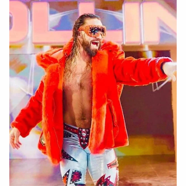 WWE Monday Night Raw Seth Rollins Red Hooded Fur Jacket