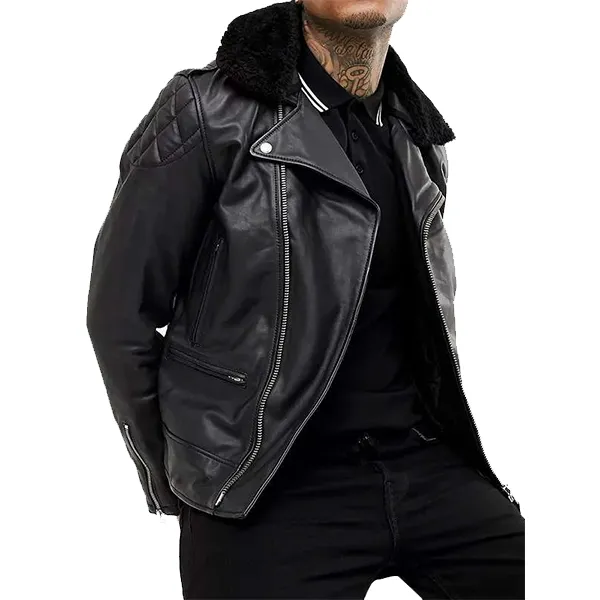 Biker Leather Jacket With Fur Collar