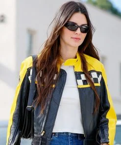 Kendall Jenner Black & Yellow Leather Jacket