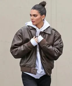 Kendall Jenner Brown Bomber Leather Jacket