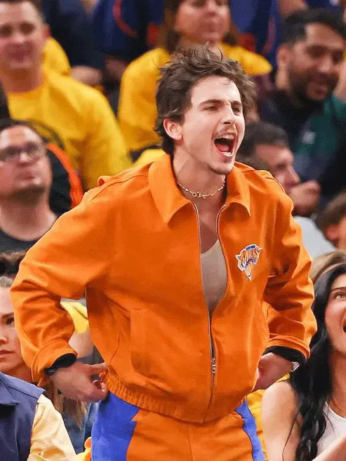 Timothée Chalamet Orange Knicks Jacket