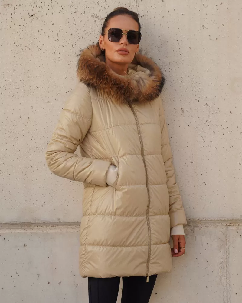 Pudding Colored Hooded Down Jacket