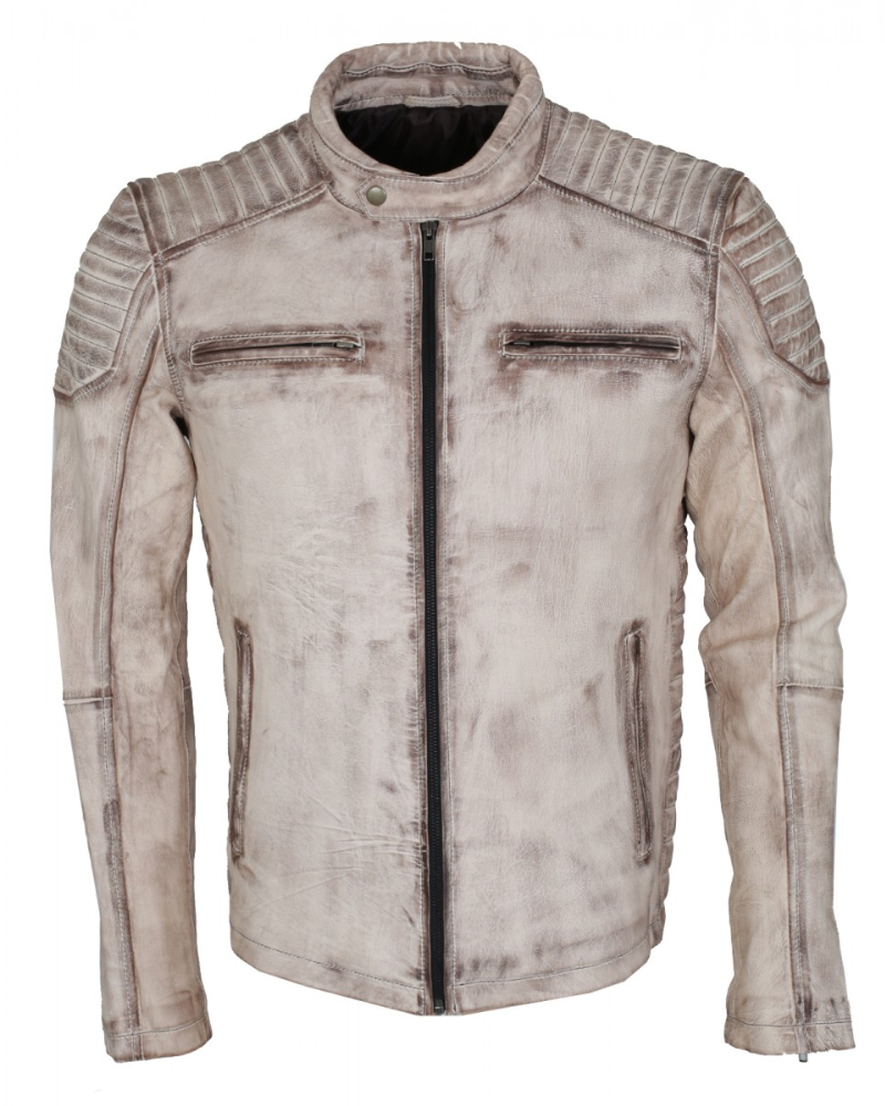 Men's White Waxed Leather Biker Jacket | Hand Waxed Real Leather Motorcycle Jacket
